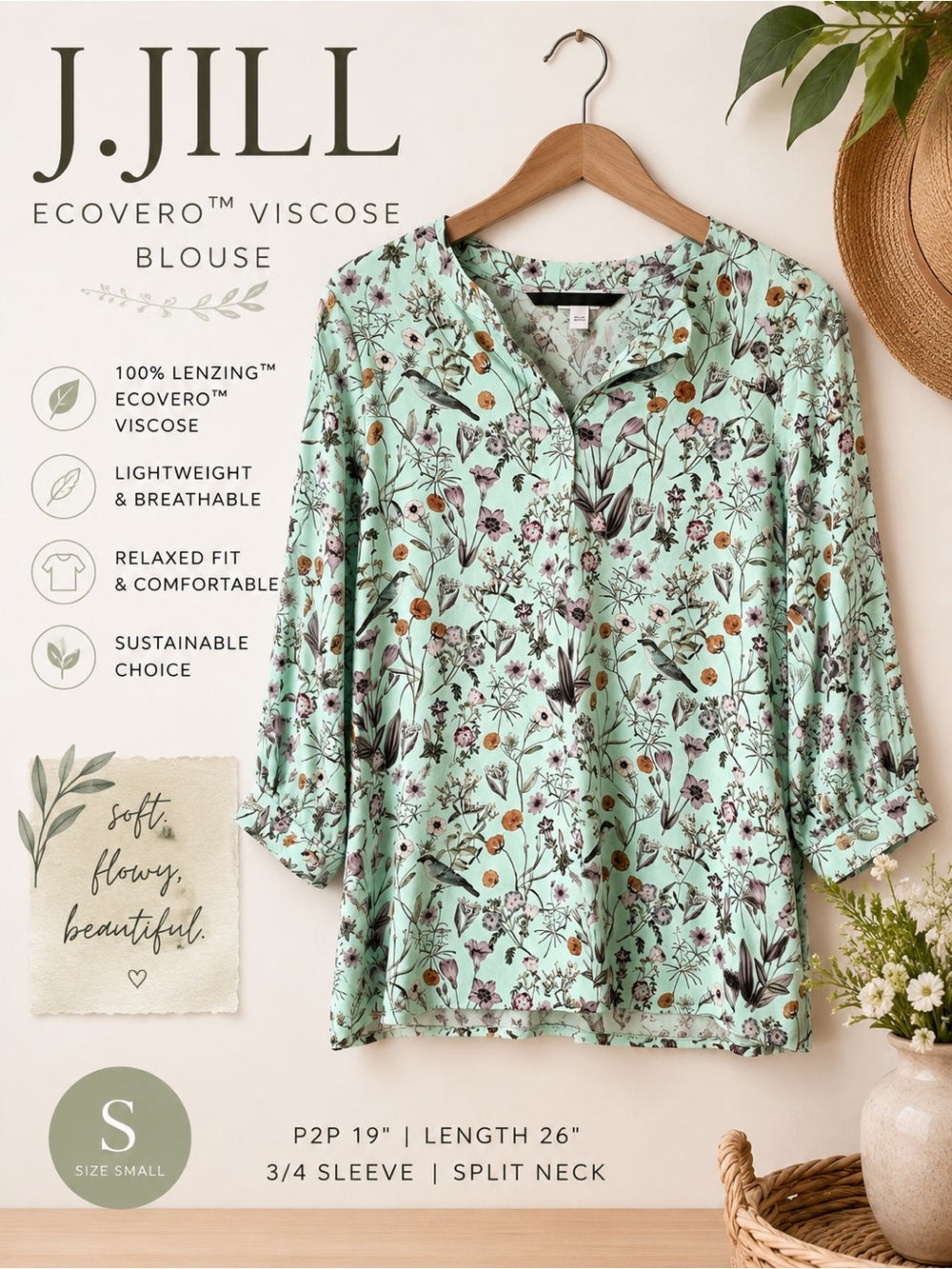 J. Jill Mint Floral Bird Print EcoVero Viscose 3/4 Sleeve